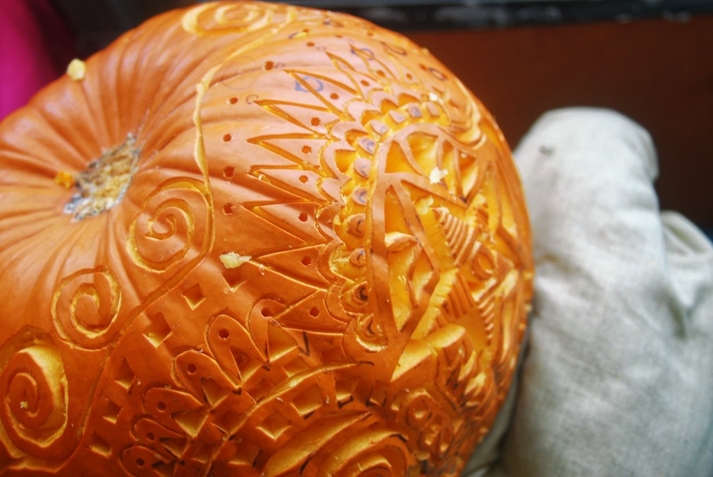 intricately carved pumpkin