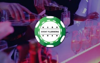 Green Poker chip graphic with Event Planning written on it over background picture of champagne being poured